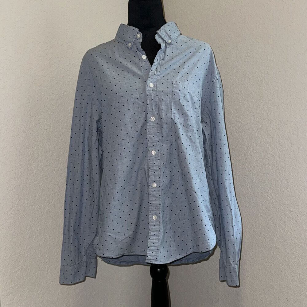 J.Crew Re-Imagined‎ Shirt Men's Large Blue Heart Print Cotton Casual Button-Down
